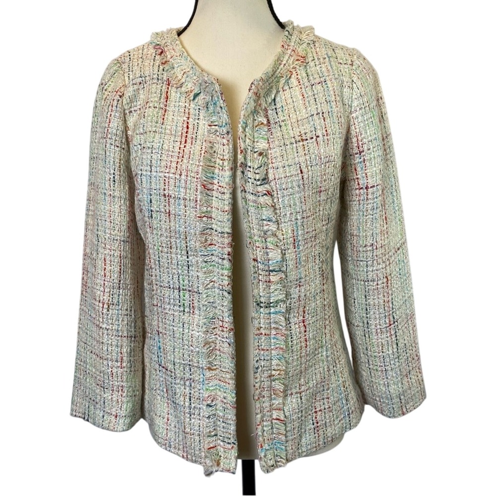 Cynthia Rowley Women's Tweed Boucle Blazer Jacket Small Multicolor Frayed